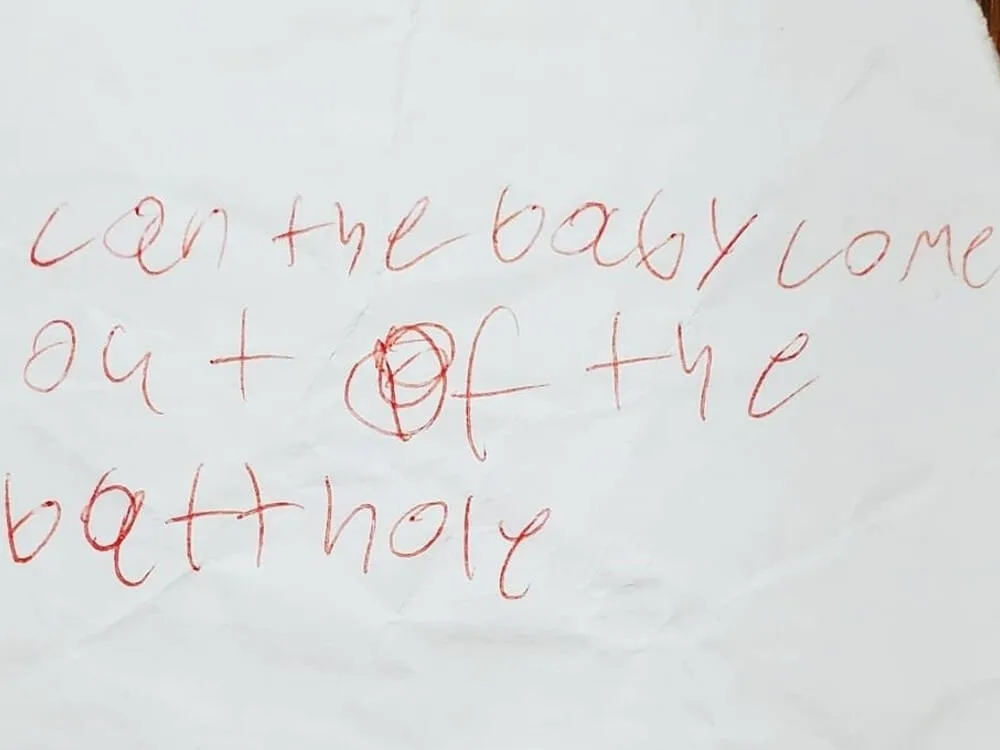 A funny handwritten question from a class on sex ed: Can the baby come out of the butthole?