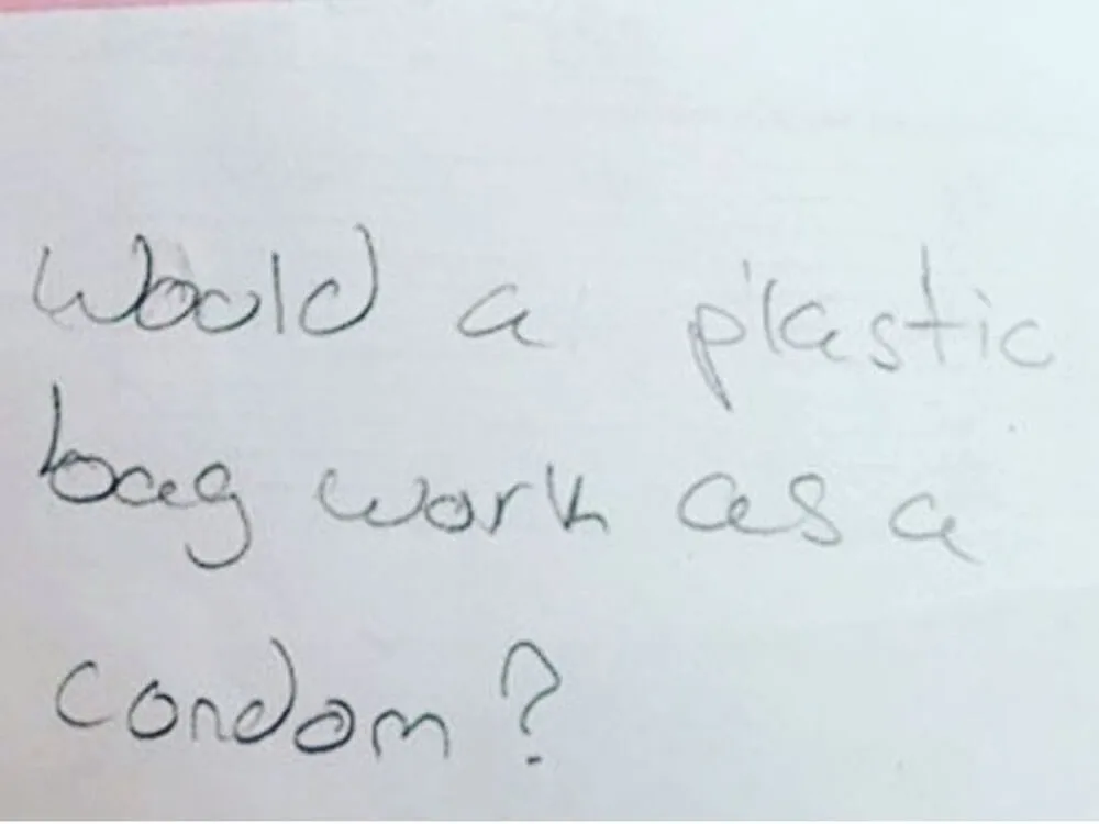 A picture of a handwritten and funny question a kid asked in Sex Ed class.