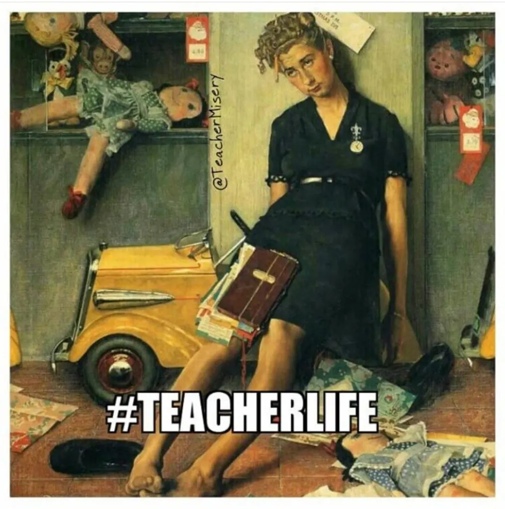 Woman surrounded by toys slumped down the wall with text overlay - #teacherlife.