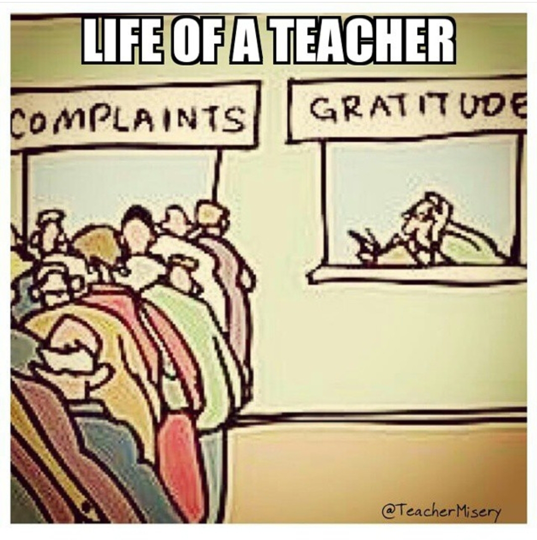 Two help windows labeled "Complaints" and "Gratitude" with a long line of people for Complaints with text overlay - Life of a teacher.