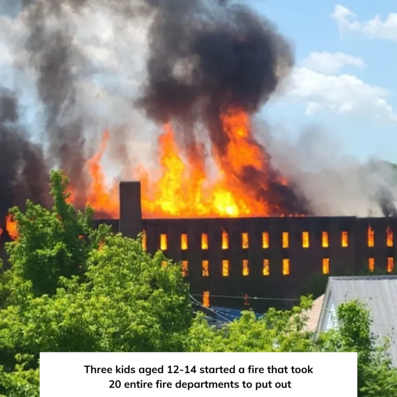 School on fire with text overlay - Three kids ages 12-14 started a fire that took 20 entire fire departments to put out.