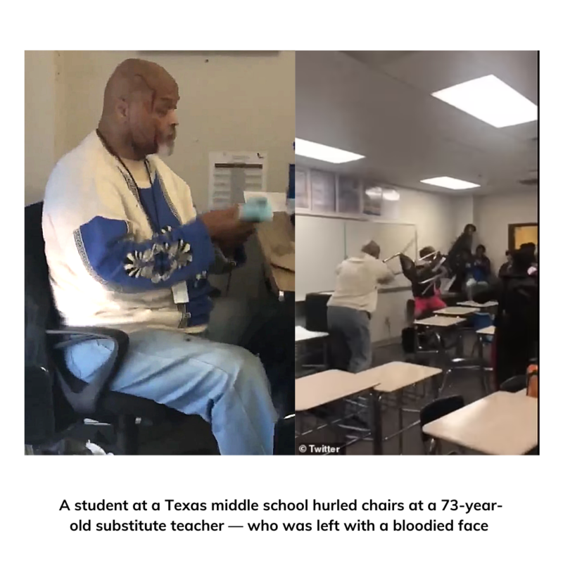 Man with bleeding head sitting in a chair with text overlay - A student at a Texas middle school hurled charis at a 73-year-old substitute teacher - who was left with a bloodied face.