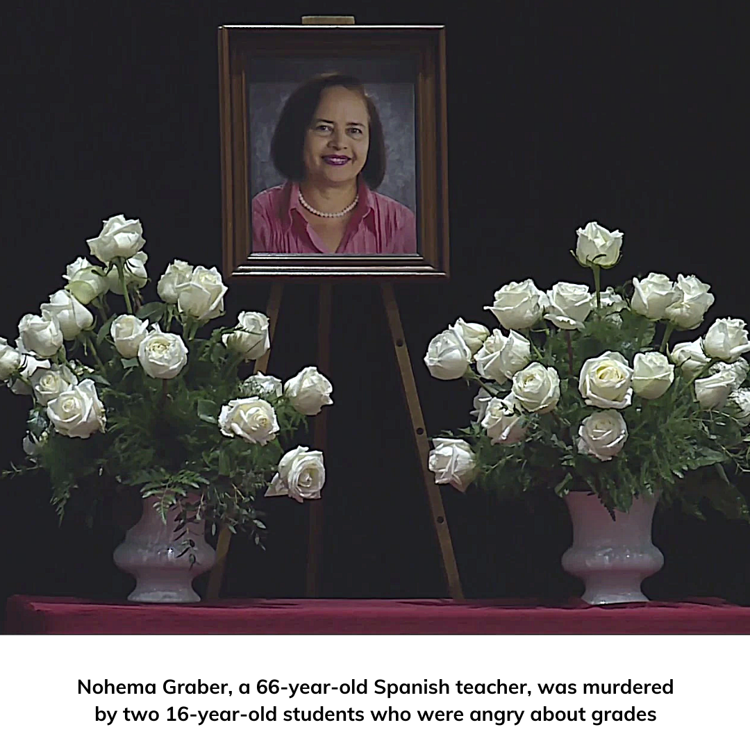 Picture of woman surrounded by flowers with text overlay - Nohema Graber, a 66-year-old Spanish teacher, was murdered by two 16-year-old students who were angry about grades.
