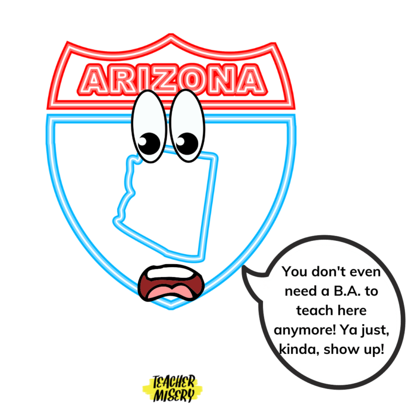 Arizona state outline saying, "You don't even need a BA to teach here anymore! Ya just, kinda show up!