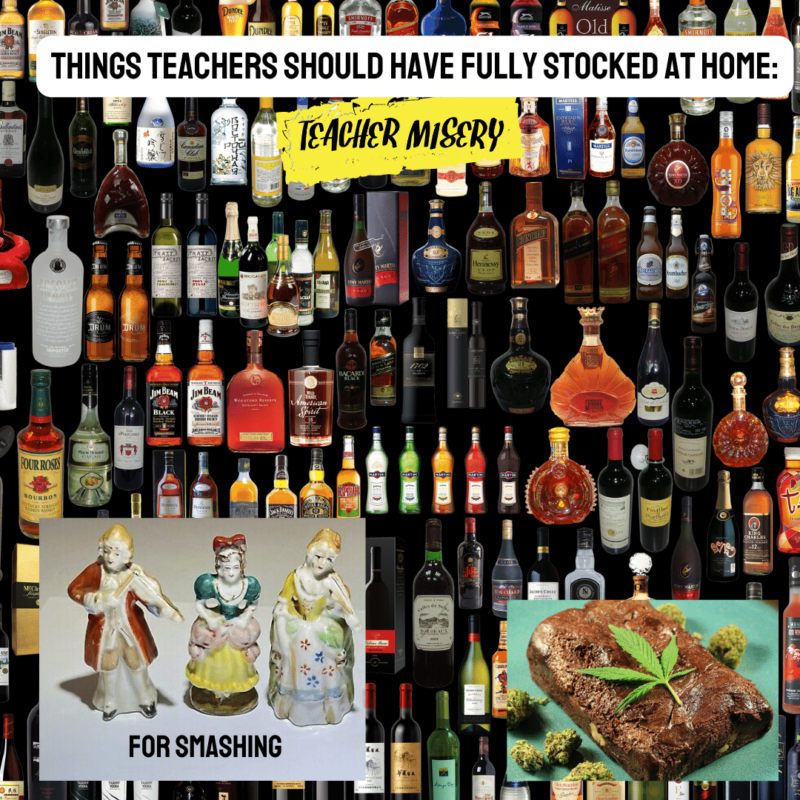 Collage of teacher survival kit for home, including alcohol and small figurines/