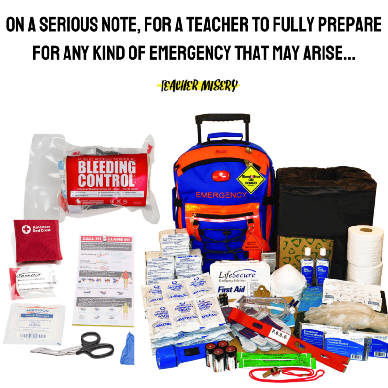 Necessary first aid and emergency items for a teacher survival kit.
