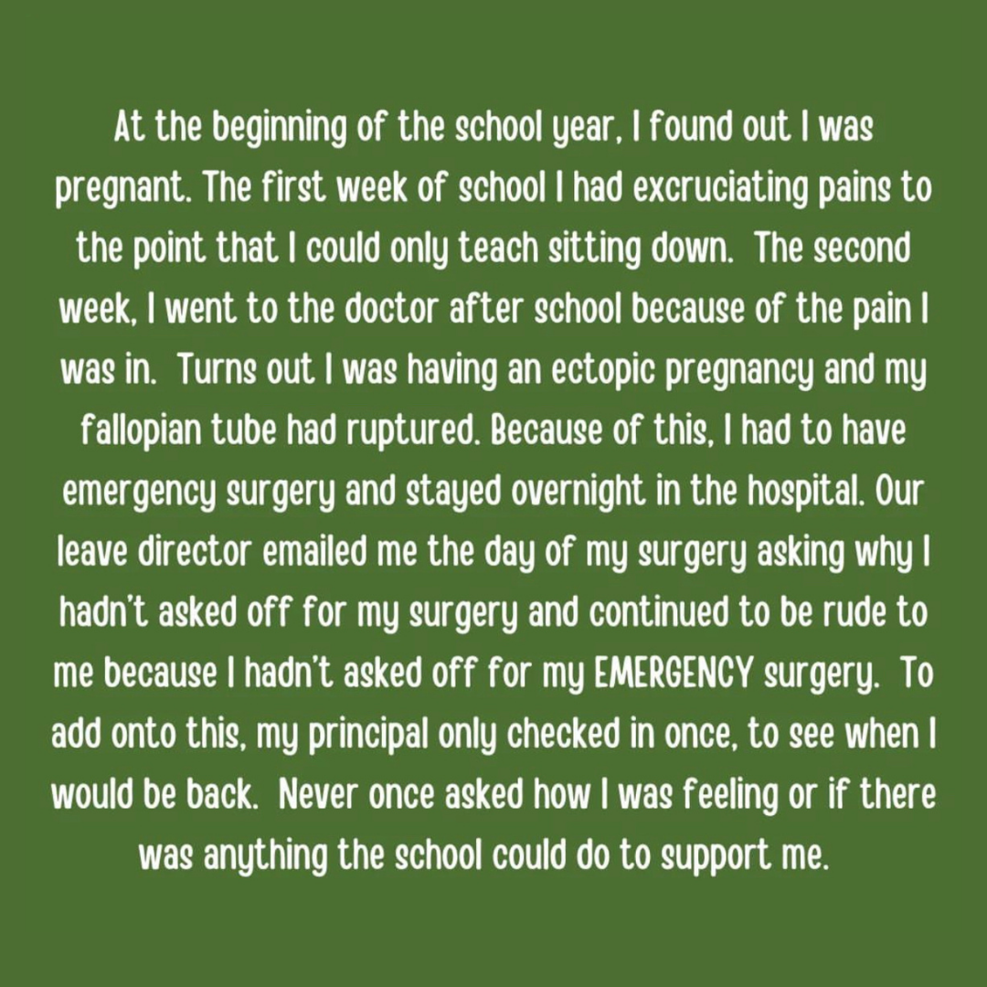 Teacher secret about a teacher having pregnancy complications and a principal not supporting them.