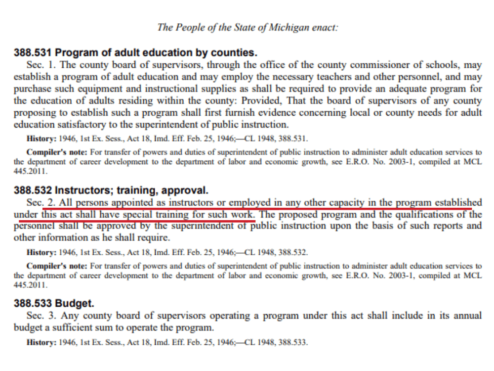 Excerpt of State of Michigan rules.
