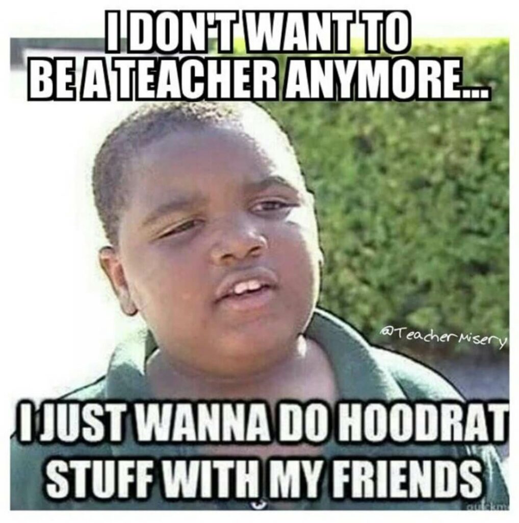 A young boy looking exasperated with text overlay: I don't want to be a teacher anymore, I just wanna do hoodrat stuff with my friends.