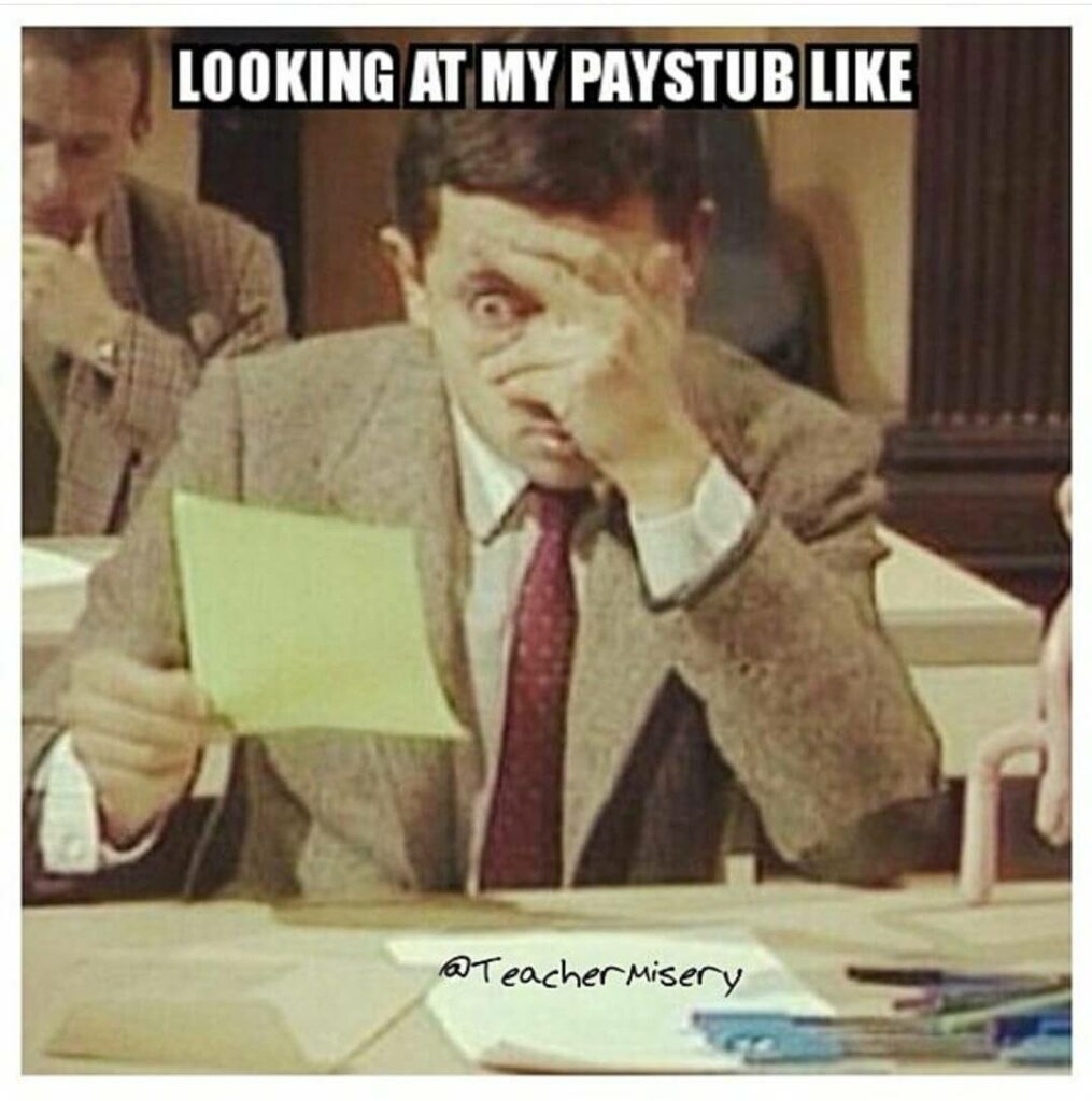 A photo of Mr Bean facepalming with text overlay: Looking at my paystub like.