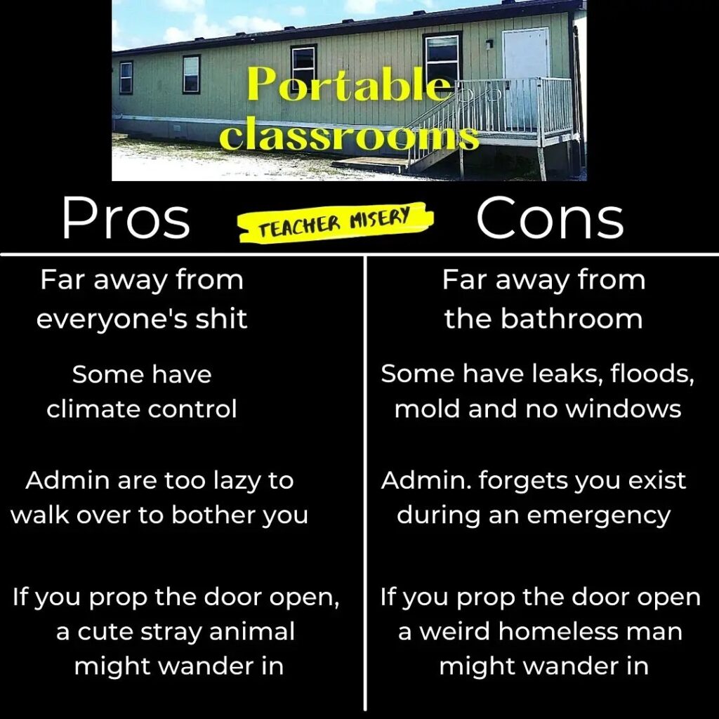 A picture of a portable classroom with a pros and cons list.