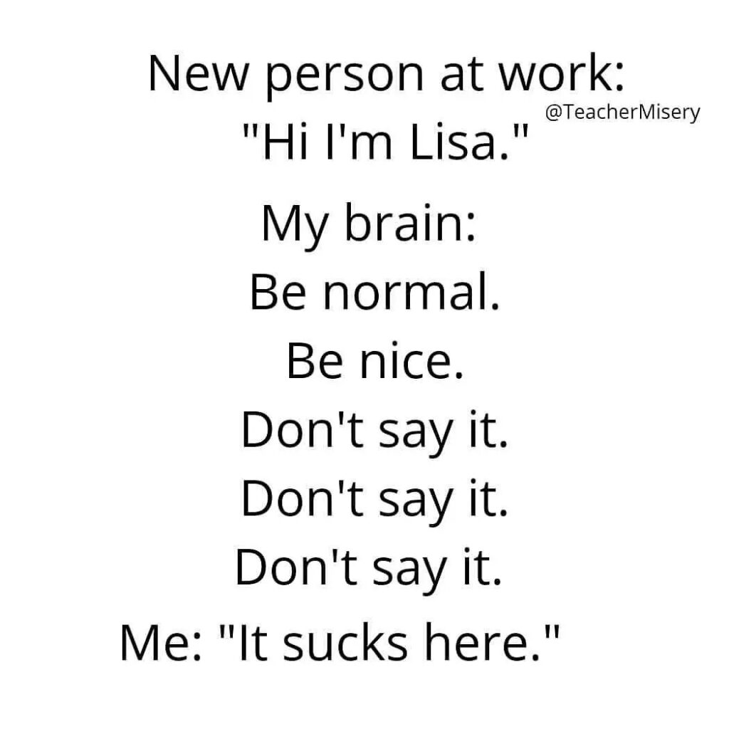 A text meme of a teacher telling a new colleague that this workplace sucks.
