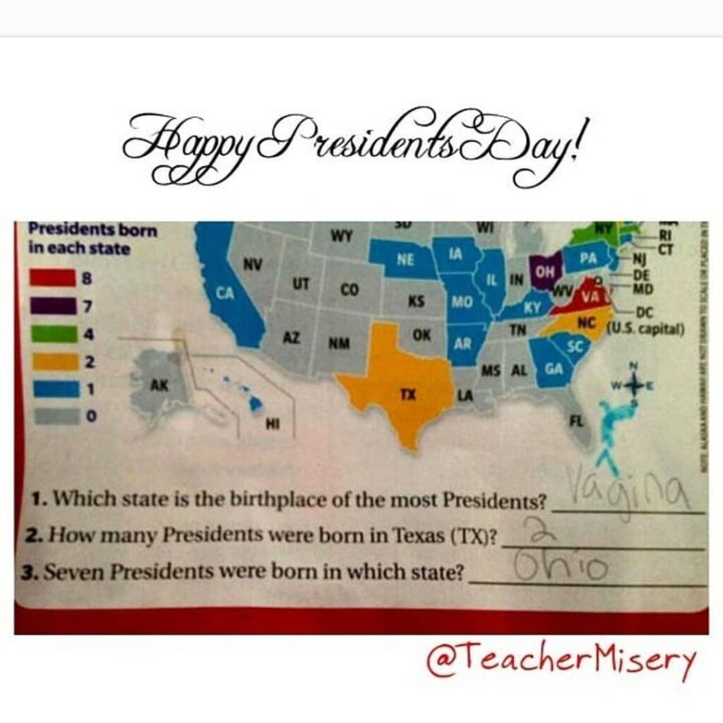 A President's Day map in a classroom with funny things written on it by the students.