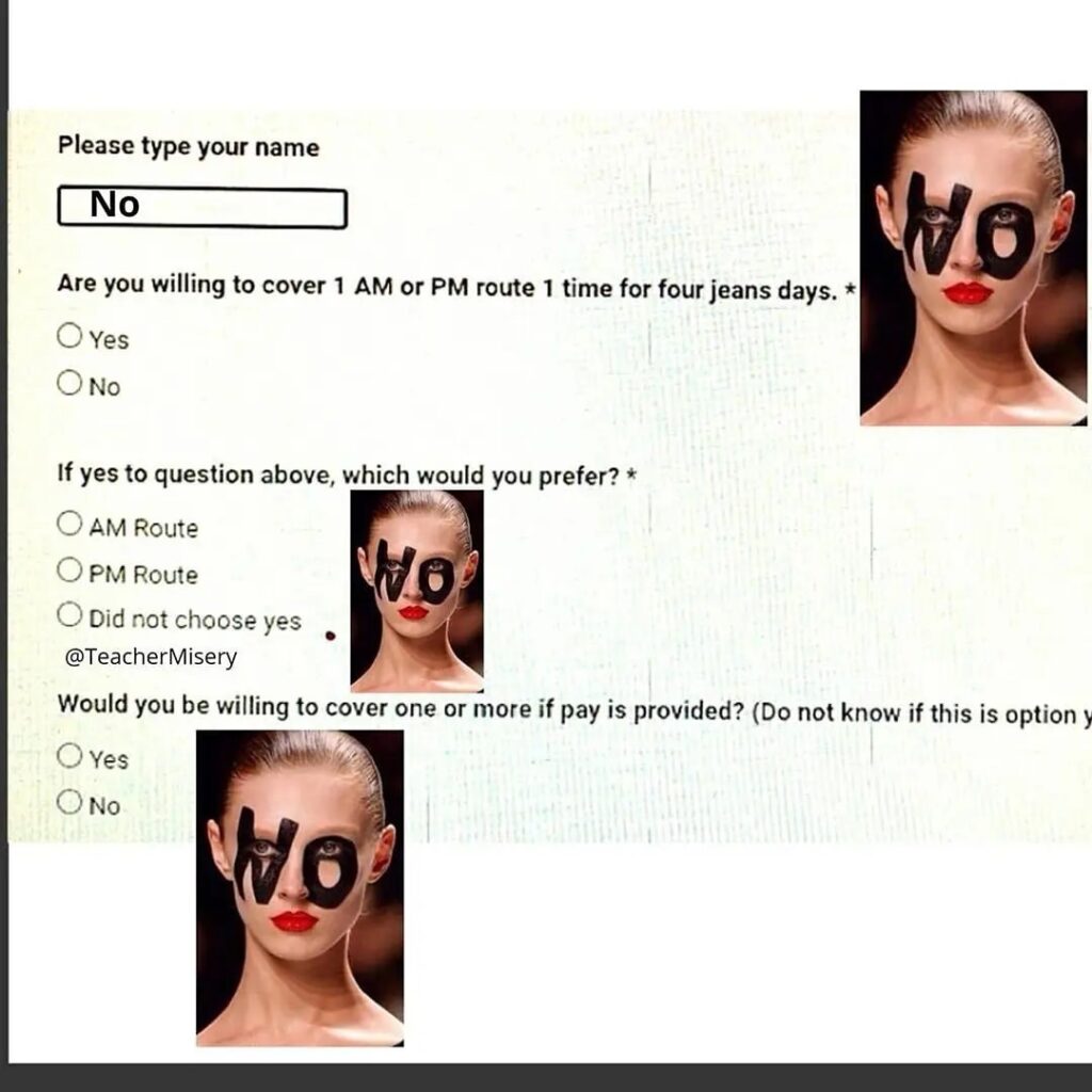 A picture of a recruitment questionaire with the teacher writing "NO" for each response.