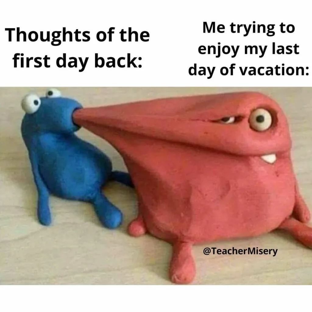 Two plasticine models with one eating the other showing the unhappiness of a teacher going back to work.