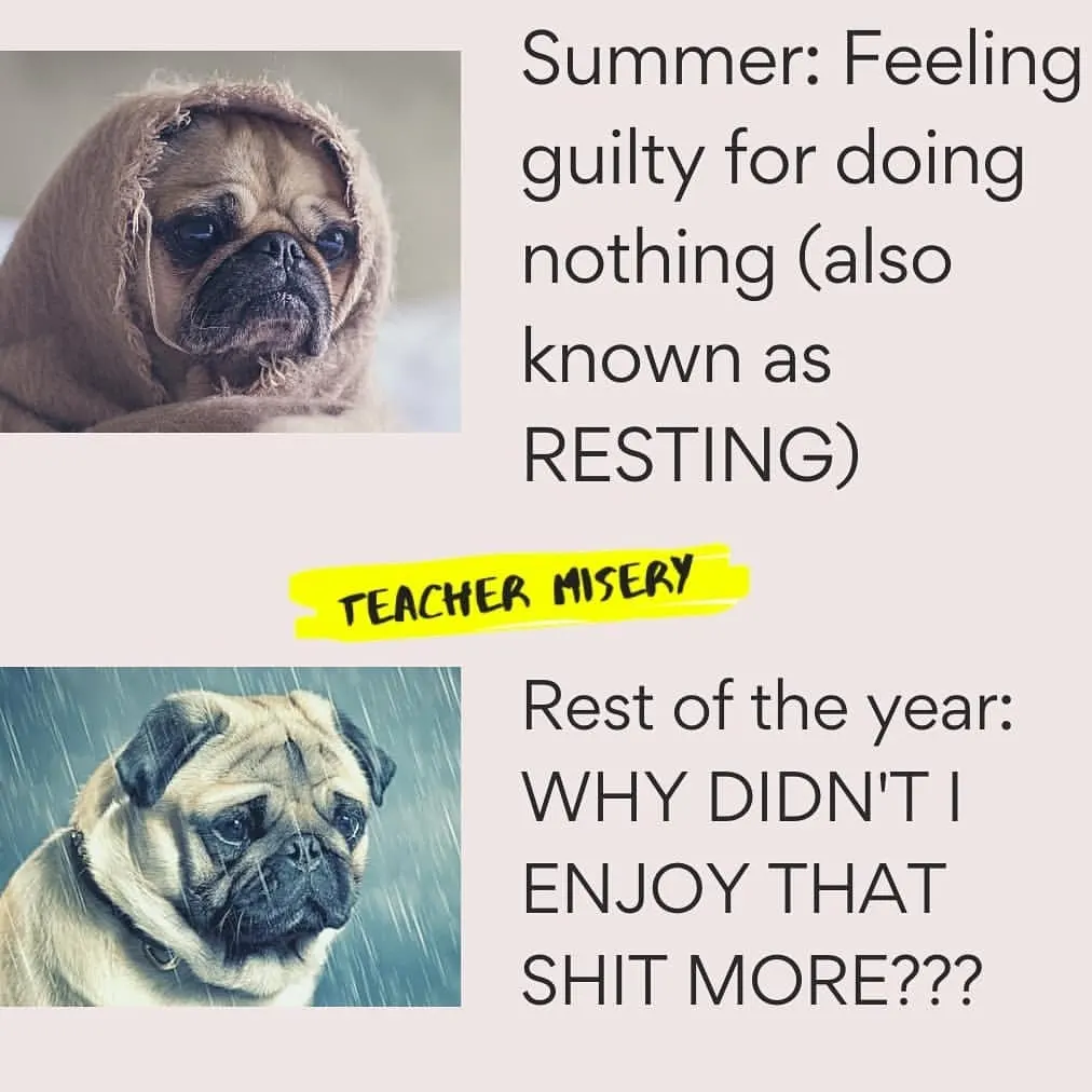 A meme of two sad pugs showing the guilt of being on holiday and the unhappiness of being back at work teaching.