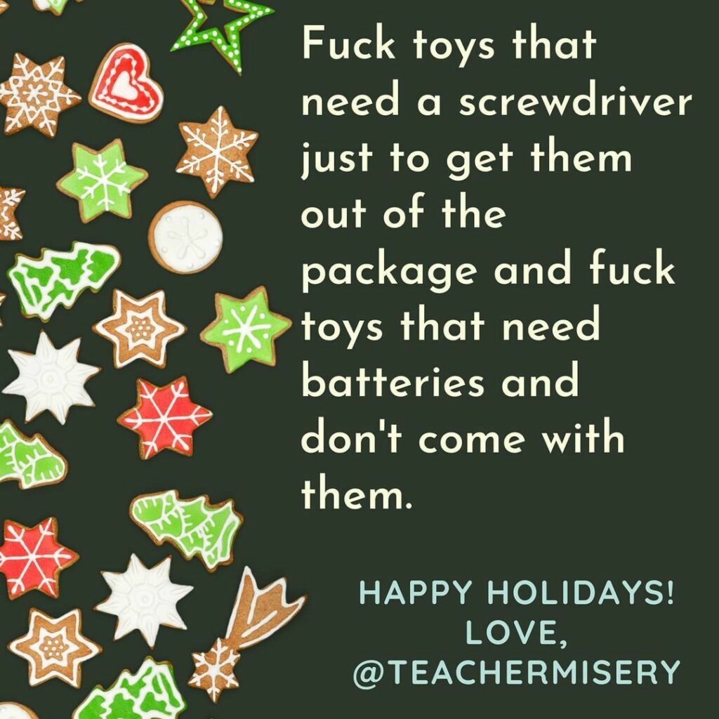 A text meme saying: F-k toys that need a screwdriver just to get them out of the package and f-k toys that need batteries and don't come with them.
