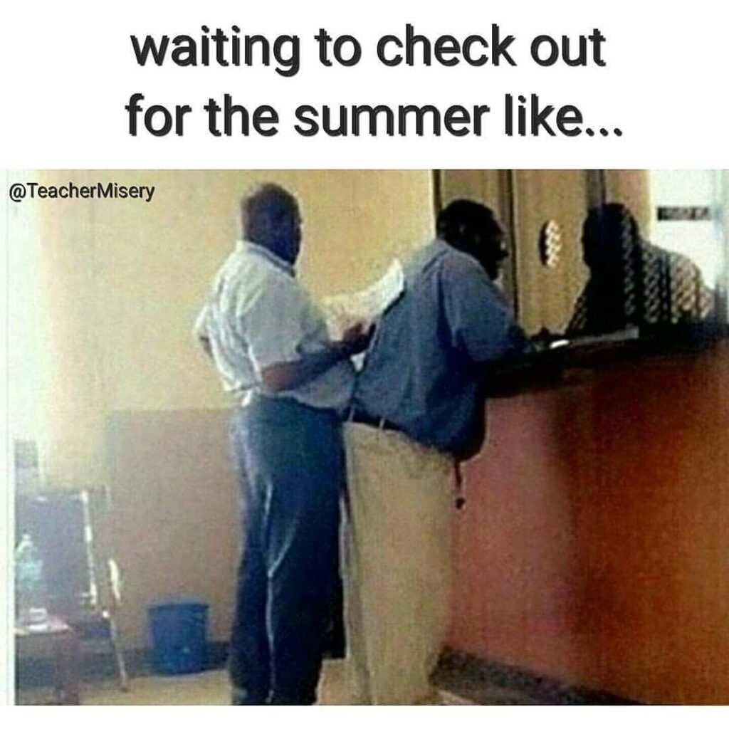 Two fed up men standing in a bureaucratic office: Waiting to check out for the summer like...