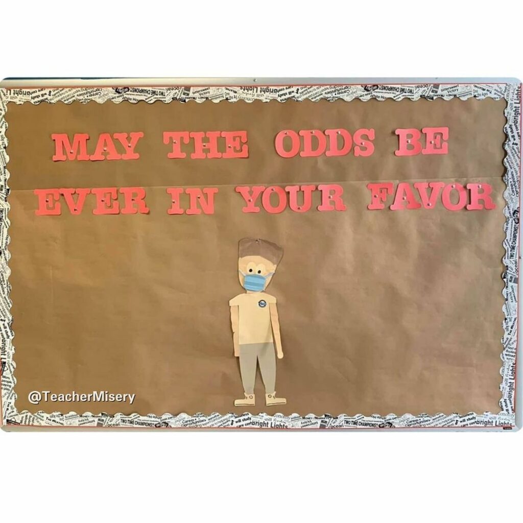 A masked up teacher during the COVID pandemic with text overlay: May the odds be ever in your favor.