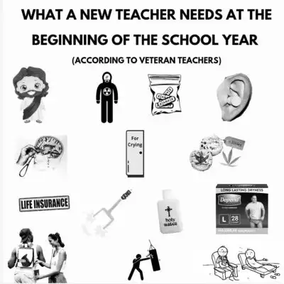 An image of various medical things with text overlay: What a new teacher needs at the beginning of the school year (according to veteran teachers).
