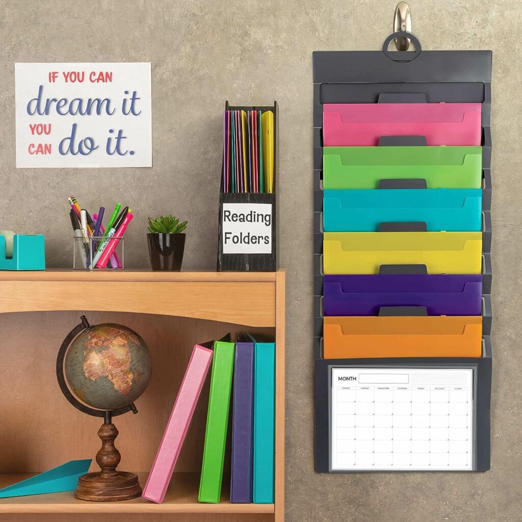 A product image of a cascading file wall organizer - another classroom essential for teachers starting out.