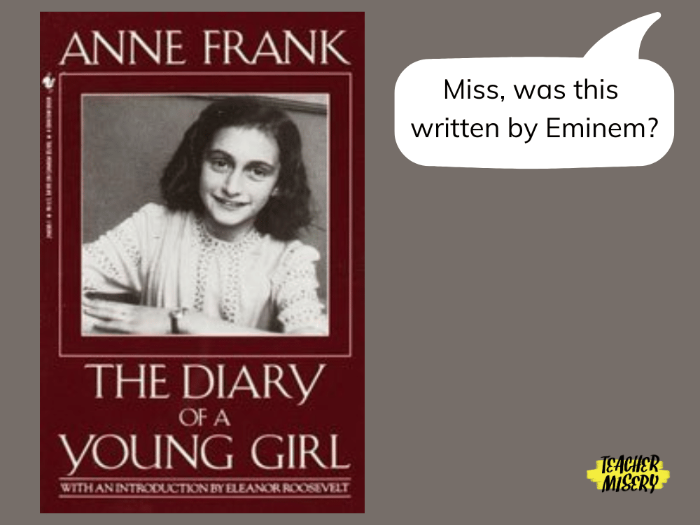 A picture of Anne Frank's diary and a funny question asked by a student about it.