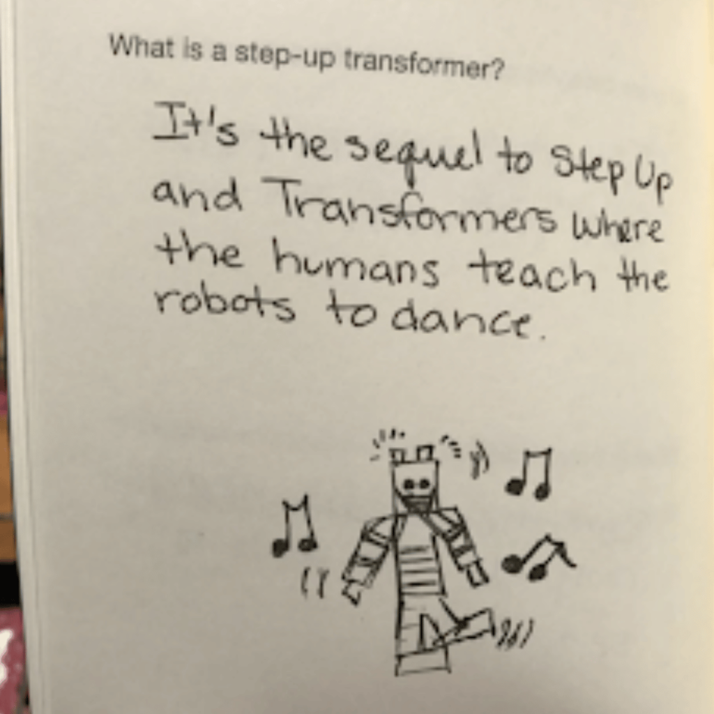 A student's exam answer including a funny drawing of a dancing robot. 