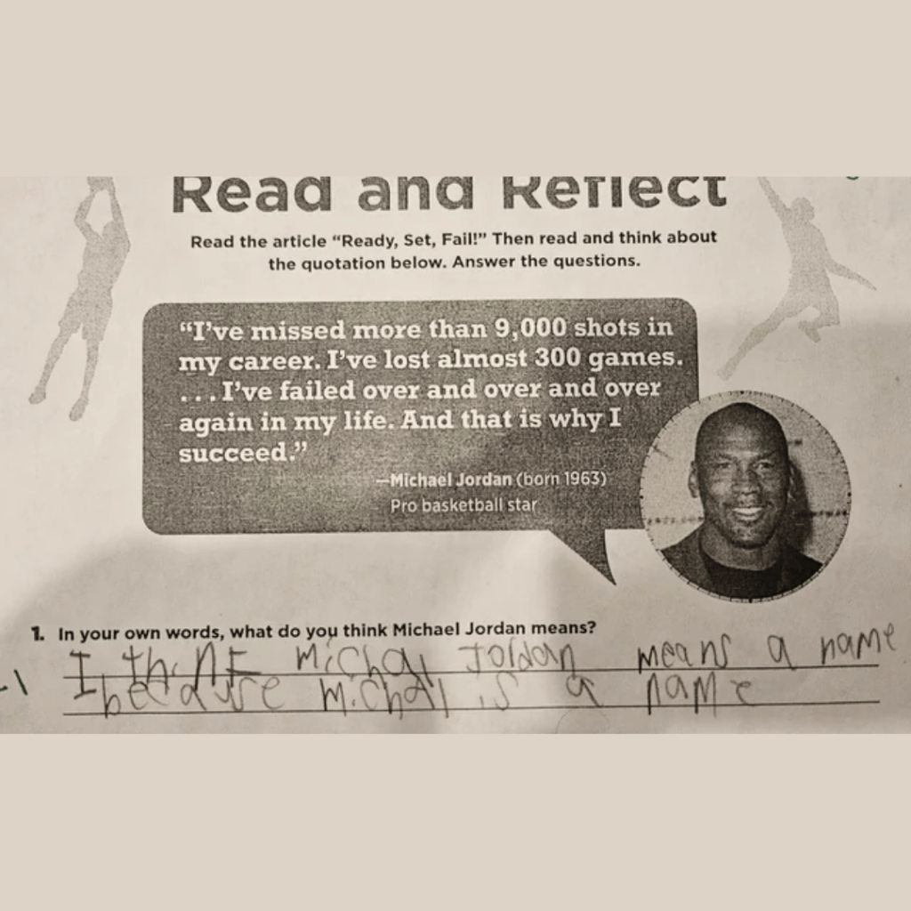 A student's silly answer on a reflective writing exam question about Michael Jordan.