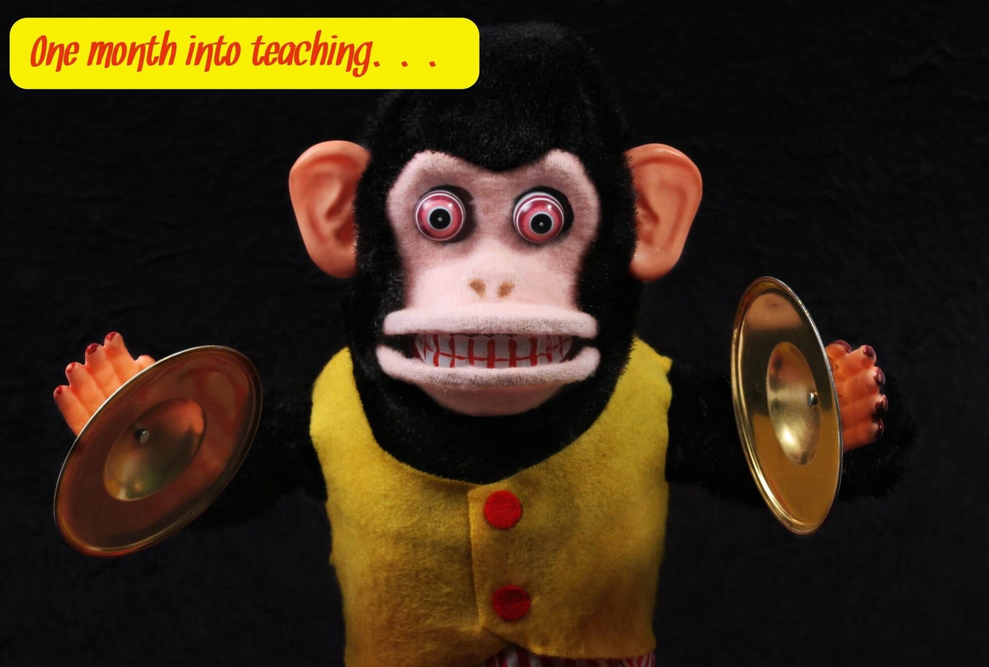 A toy monkey with cymbals looking crazy representing teachers who don't set boundaries with work expectations.