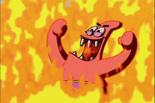 A GIF of Patrick from Spongebob Squarepants laughing evilly amongst raging fire.