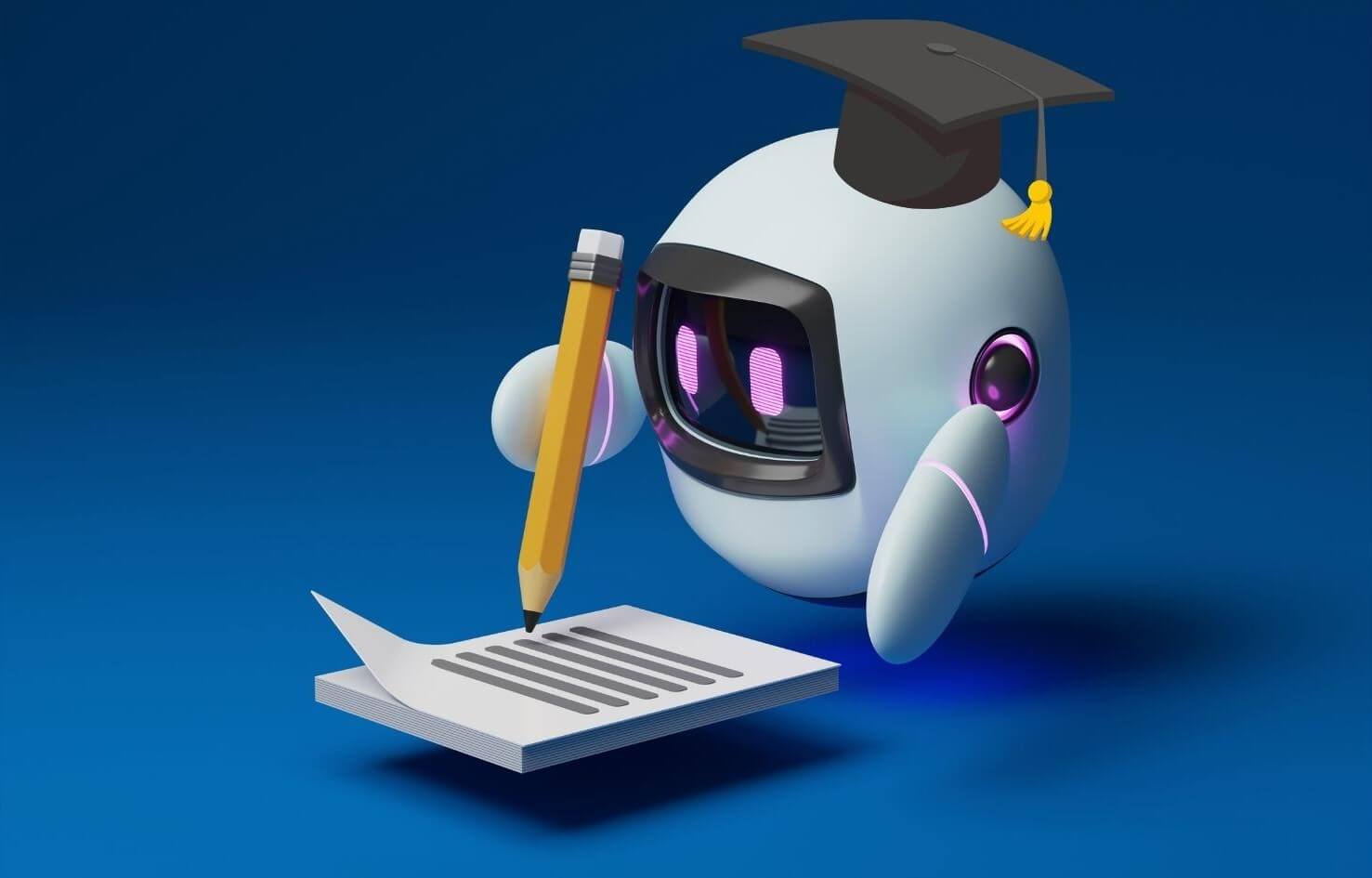 A 3D image of an AI chatbot wearing a graduate cap while writing teacher report card comments.
