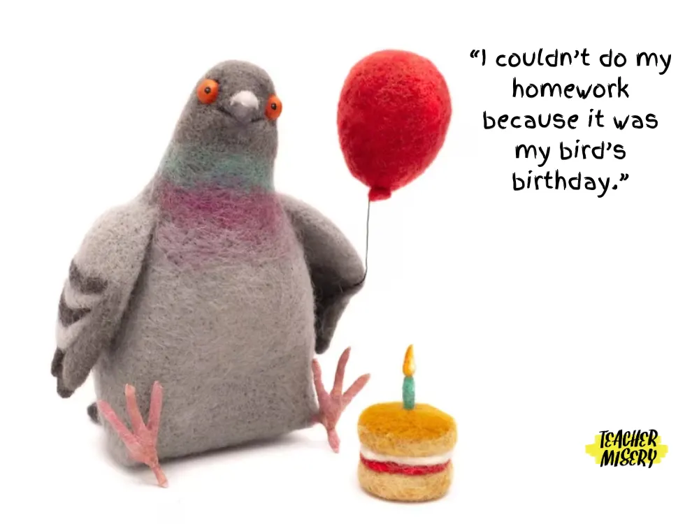 A felt pigeon eating cake for its birthday and used as a reason to not do homework.