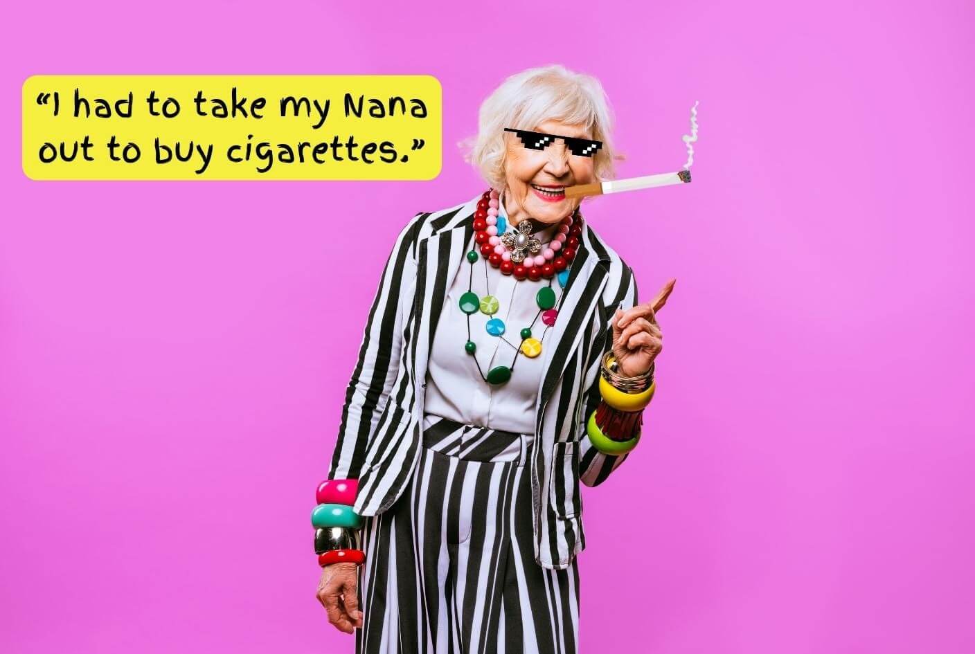 A grandma in cool clothes smoking a cigarette, referencing a student's funny homework excuse.