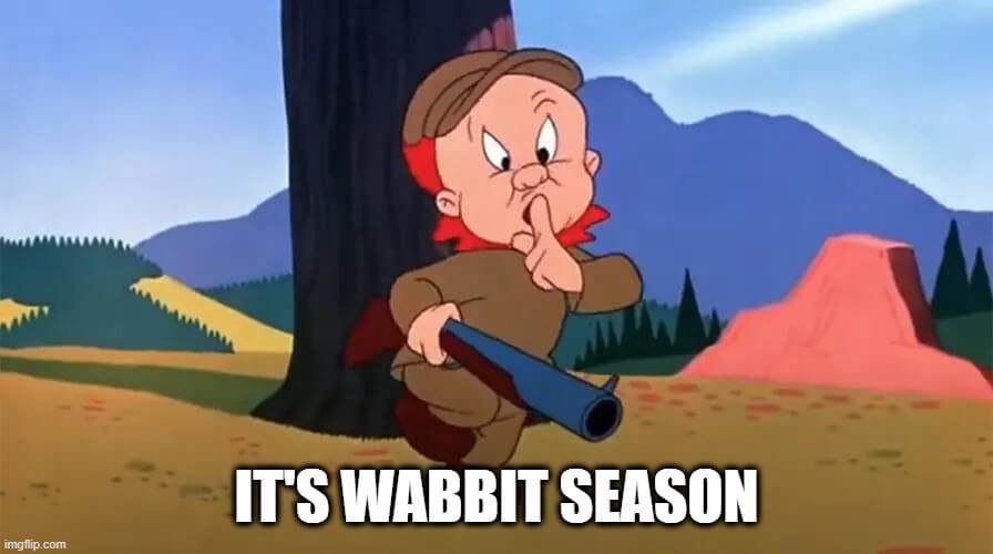 A meme of Elmer Fudd and the words 'It's Wabbit Season' representing how student and teacher comebacks are like combat.