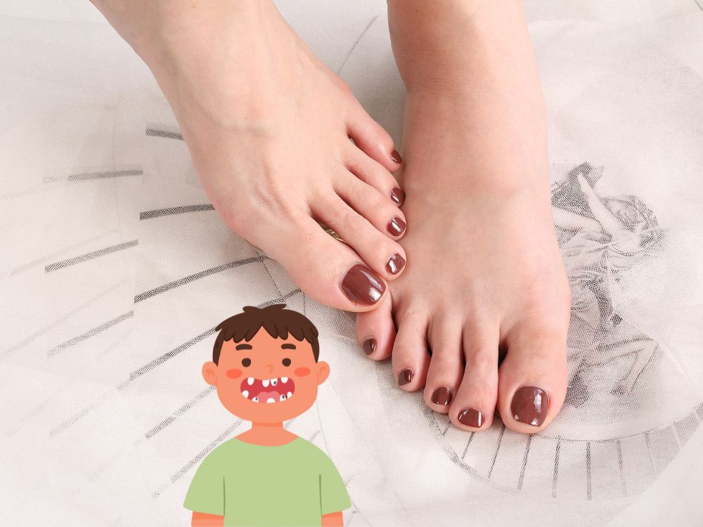 A picture of a happy boy and a woman's feet, reflecting the funny student story about a foot fetish.