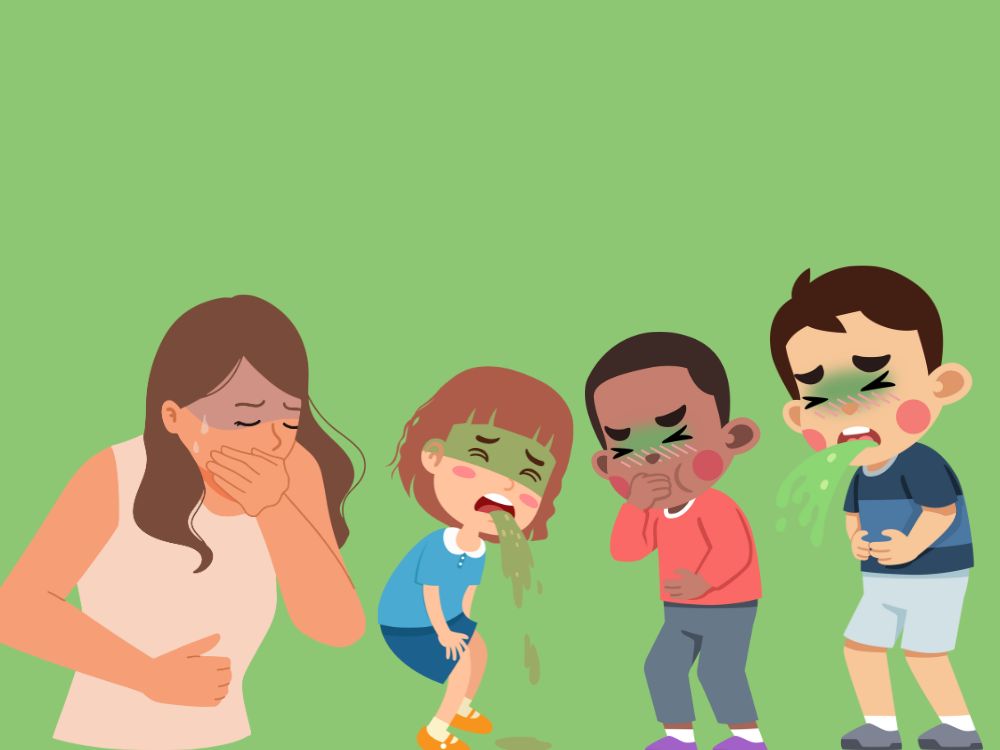 A cartoon image of a teacher and three students vomiting just like the funny story.