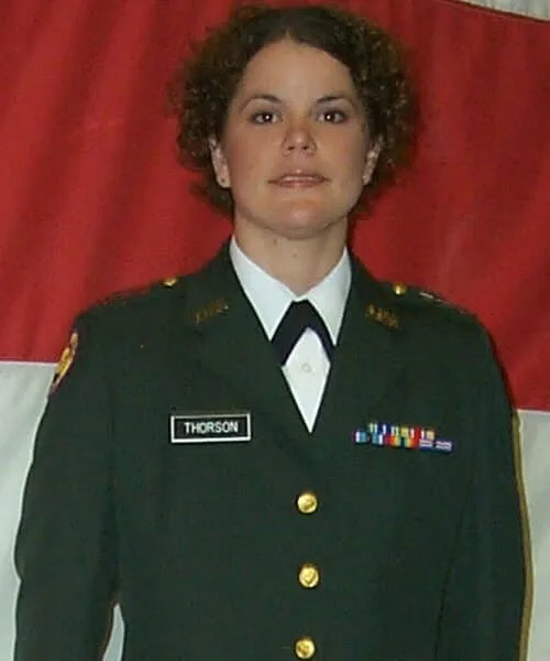 Physical Education Teacher Mary Eve Thorson in her National Guard uniform prior to her death due to workplace bullying. 