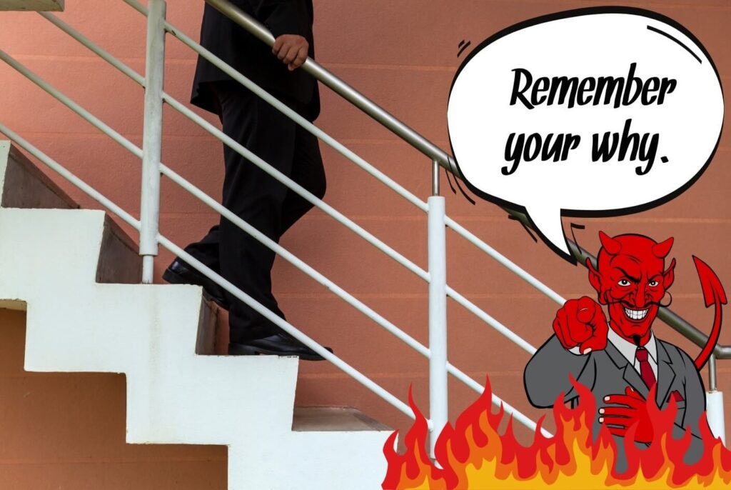 A teacher descending a staircase towards a fiery devil, metaphorically representing going through the stages of teacher burnout.