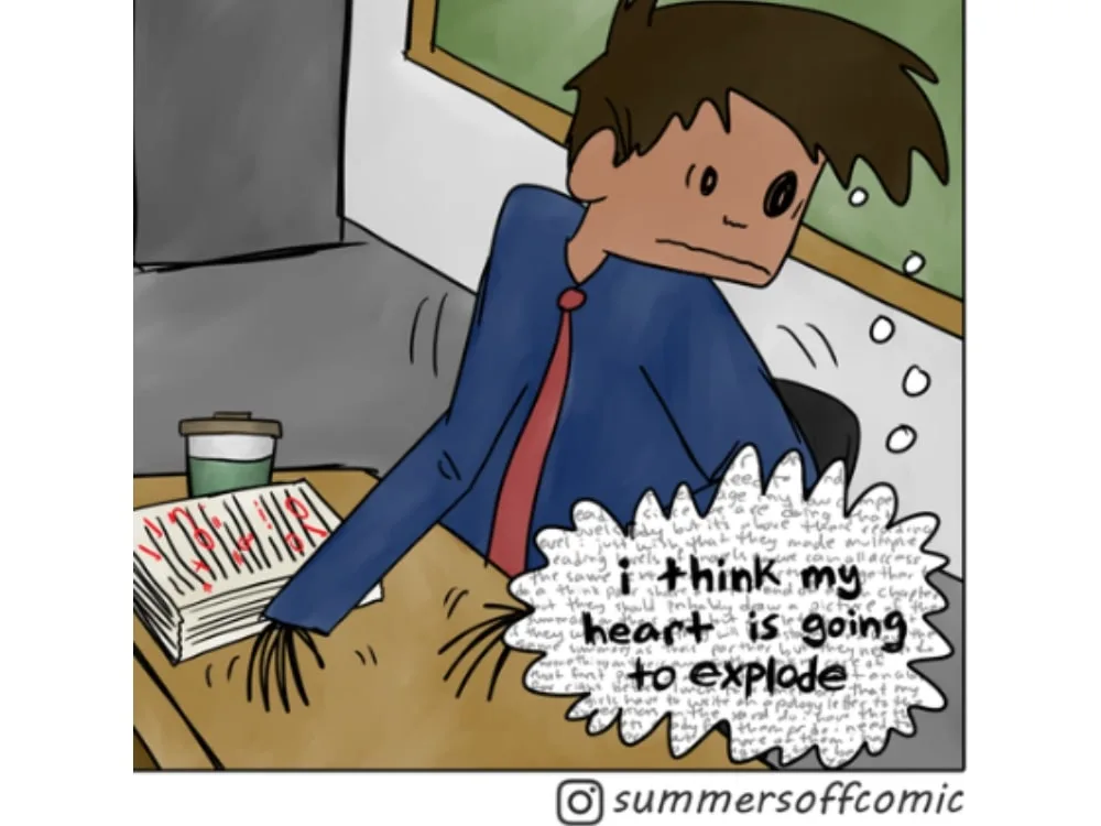 A comic panel of a burnt-out teacher with severe physical health issues reeling from heart pain.