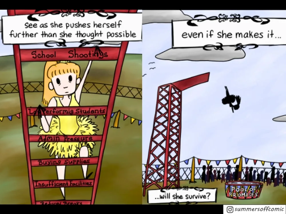 A comic panel of a hopeless and emotionally exhausted teacher climbing a ladder of burnout causes and diving into a "Pool of Promises".