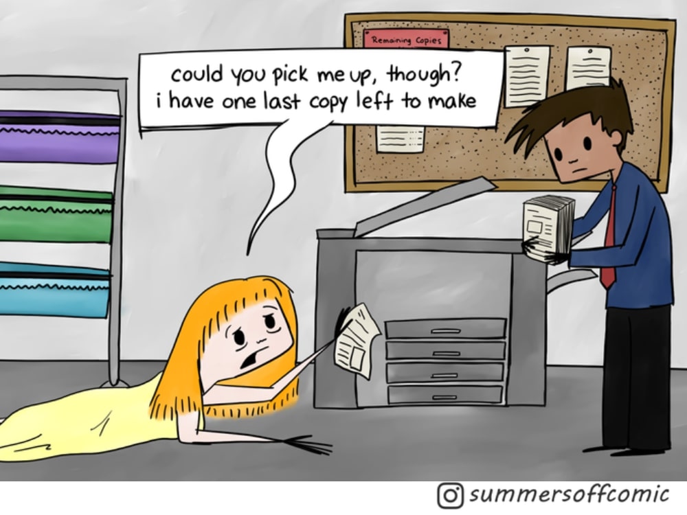 A comic panel of an exhausted teacher asking a colleague to help her to the photocopier.