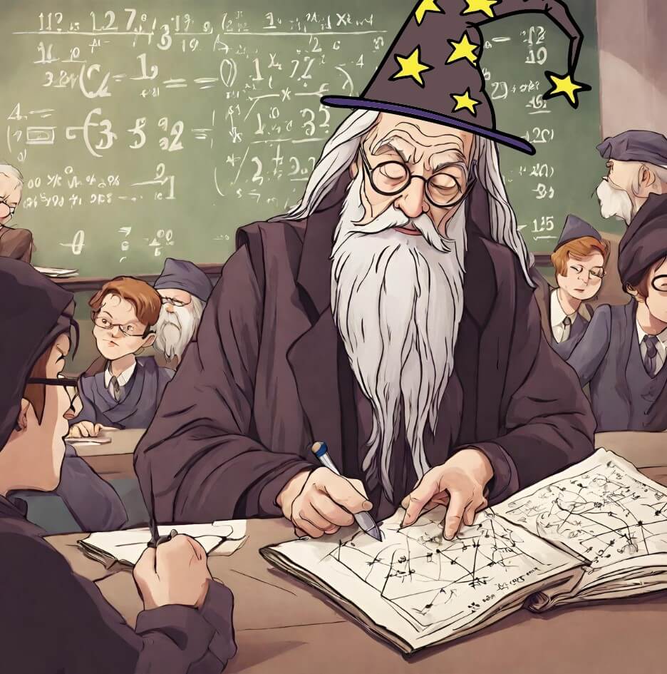 A picture of Dumbledore working as an educational consultant in a modern day classroom.
