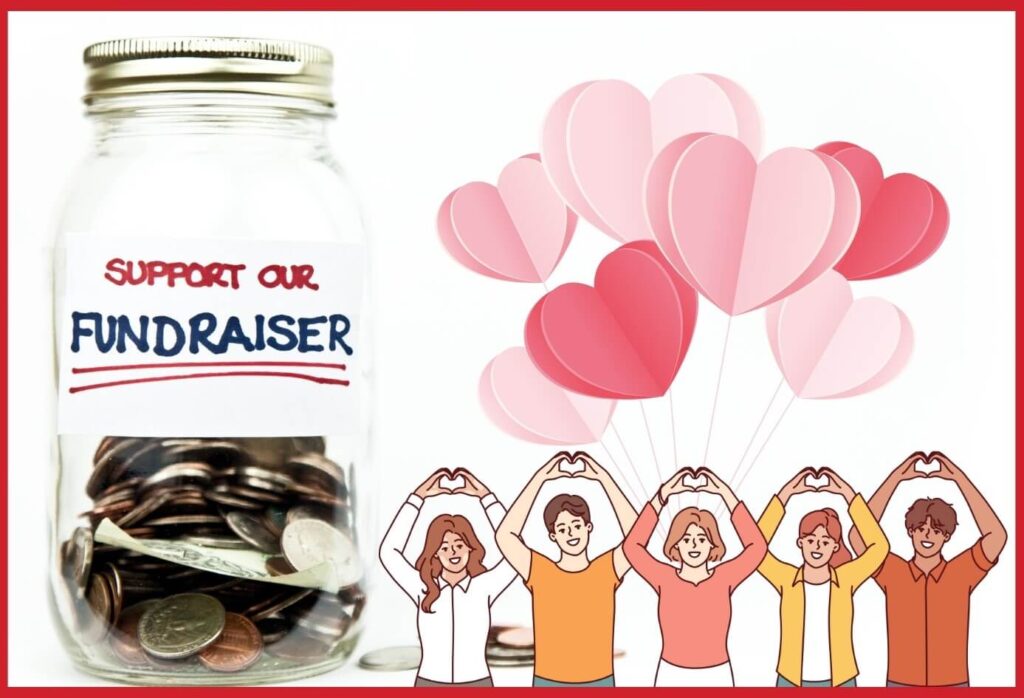 A jar of money and group of community members making heart shapes with their hands after experiencing the best school fundraiser.
